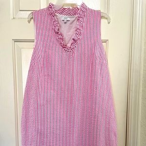 Sleeveless seersucker dress with ruffle neck